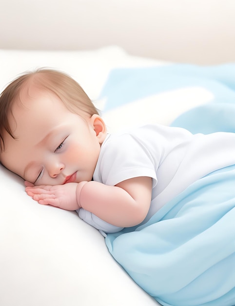 A cute baby is lying asleep On the white bed AIGenerated