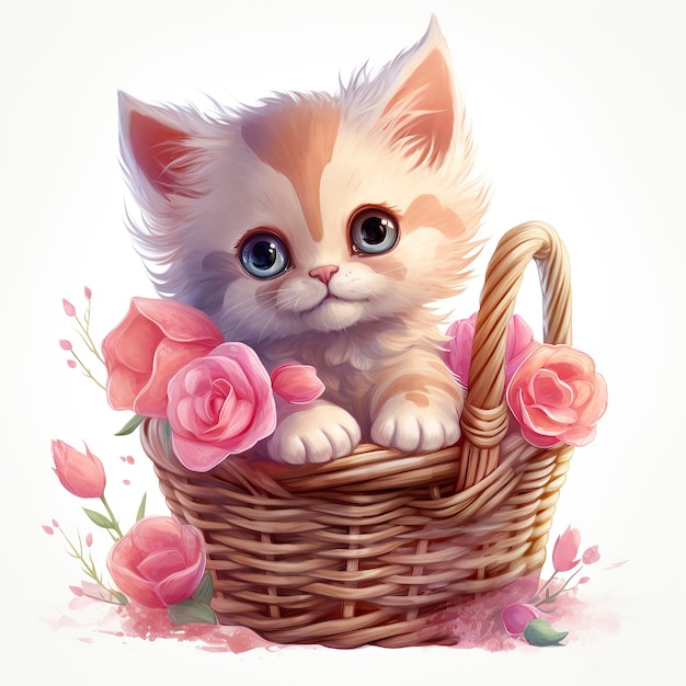 Cute Baby Kitty Basket Flowers Hearts Happy Artstation