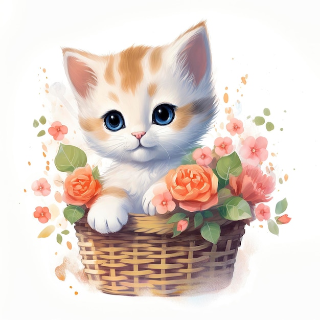 Cute Baby Kitty Basket Flowers Hearts Happy Artstation