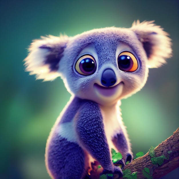 Cute baby koala in natural habitat australian animal 3D rendering cartoon illustration