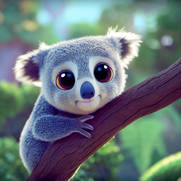 Cute baby koala in natural habitat australian animal 3D rendering cartoon illustration