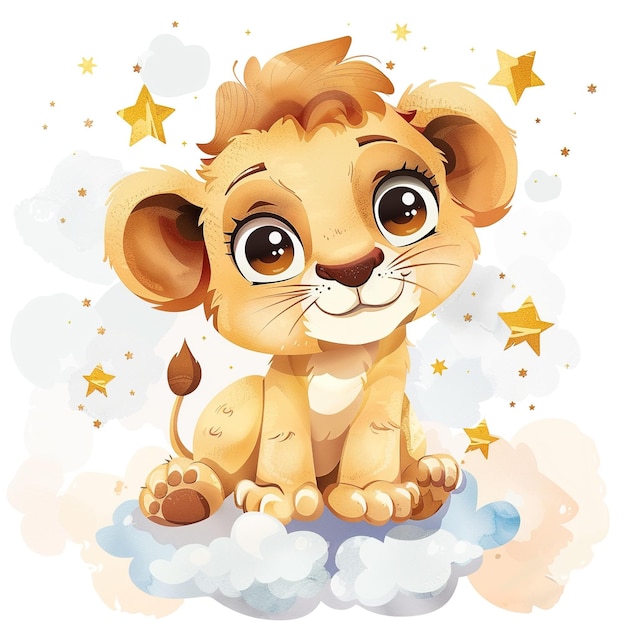 Photo cute baby lion with big eyes smiling and sitting on clouds surrounded by stars white background