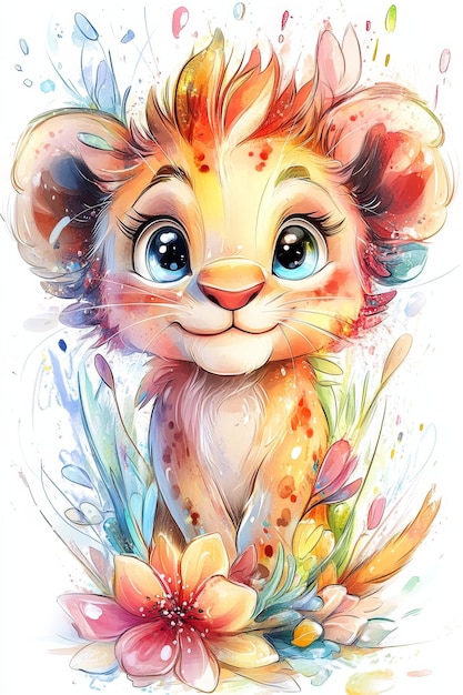 Photo cute baby lion with flowers watercolor hand drawn illustration