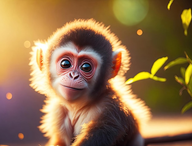 A cute baby monkey look at camera bright image ai generative