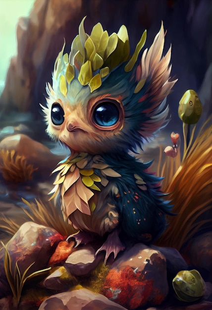 Cute baby monster forest fantastic creature. Generative ai