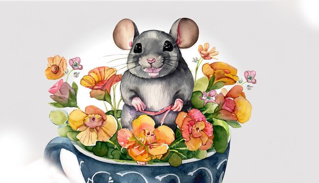 Cute baby mouse in cup of flowers painted in watercolor on a white isolated background