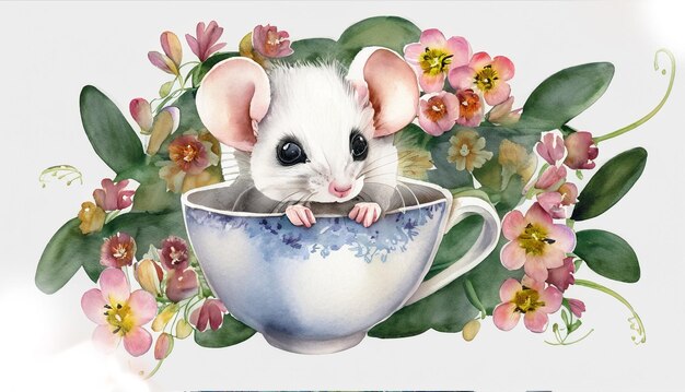 Cute baby mouse in cup of flowers painted in watercolor on a white isolated background