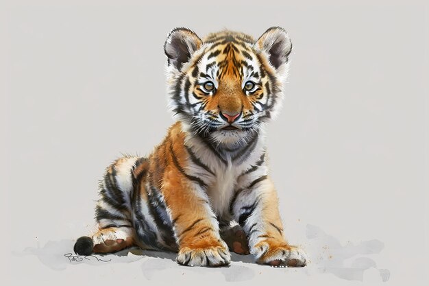 A cute baby Northeast Tiger in cartoon and Chinese ink painting style sits on a white background beaming with a raised posture