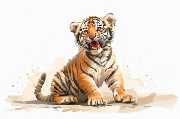 Photo a cute baby northeast tiger drawn in cartoon and chinese ink painting style sits on the ground smiling and raised