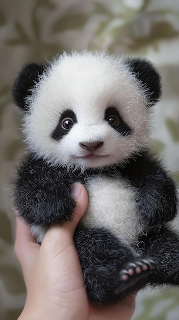 Photo a cute baby panda being held by someone very fluffy and adorable photorealistic animal portrait perfect for wildlife and conservation projects generative ai