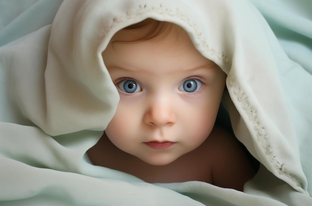 A cute baby peeking from under a blanket with wide blue eyes capturing an adorable and innocent moment