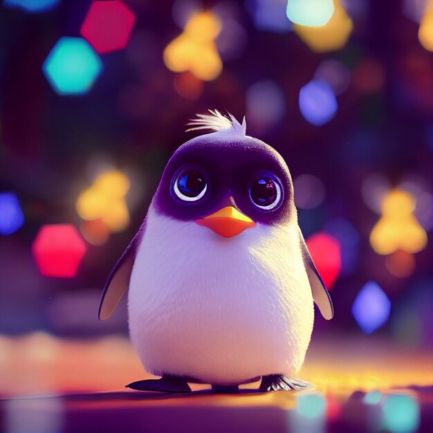 Photo cute baby penguin with big eyes and christmas lights 3d rendering cartoon style