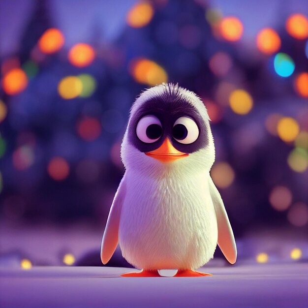 Photo cute baby penguin with big eyes and christmas lights 3d rendering cartoon style