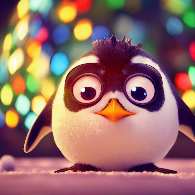 Photo cute baby penguin with big eyes and christmas lights 3d rendering cartoon style