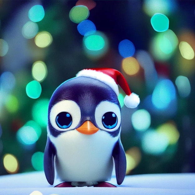 Photo cute baby penguin with santa hat and big eyes 3d rendering cartoon style