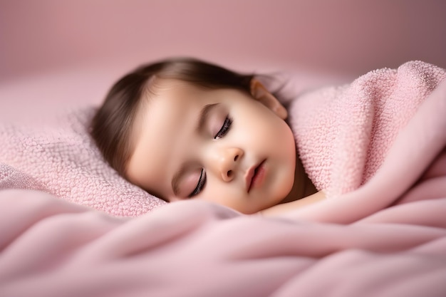 cute baby in a pink blanket sleeping on a pastel pink background