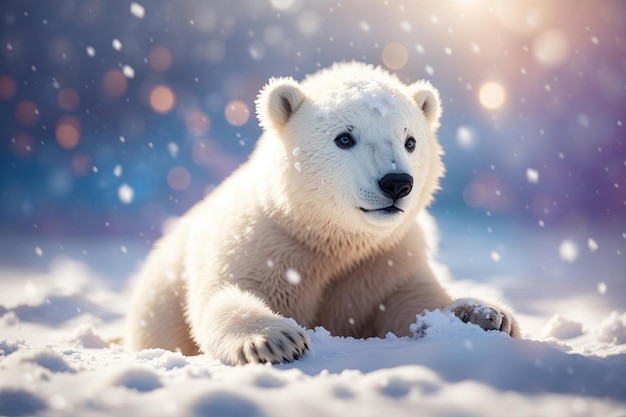 Cute baby polar bear in snow winter snowflakes ai generative