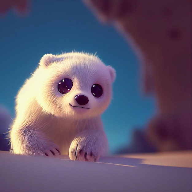 Cute baby polar bear with big eyes 3D rendering cartoon illustration