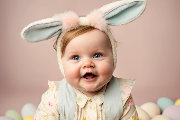 Cute baby portrait wearing spring easter bunny ears Generative ai