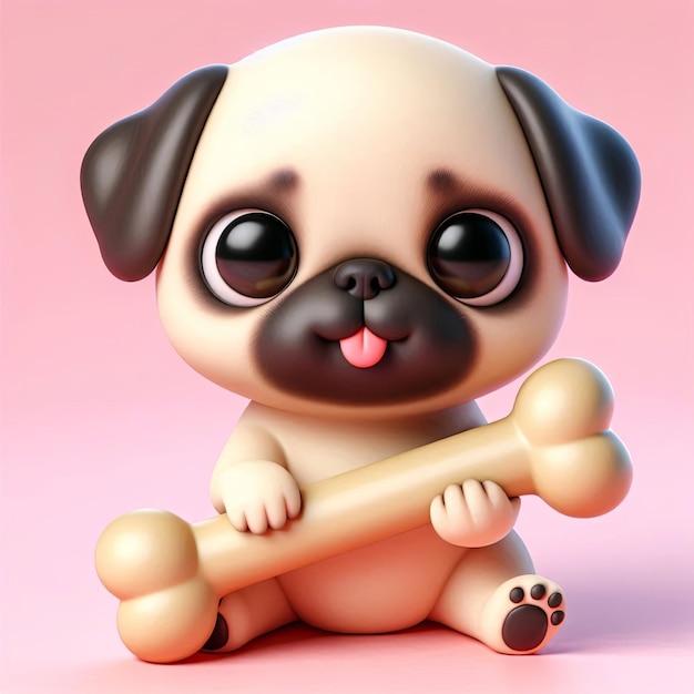 cute baby pug dog holding bone cartoon3d