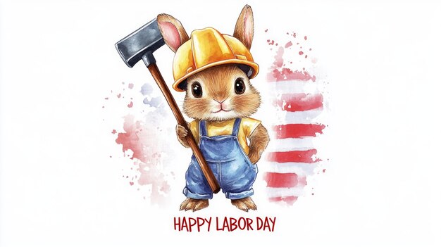 Photo cute baby rabbit wearing a workers helmet holds a hammer for labor day celebration with usa flag colors and cheerful text