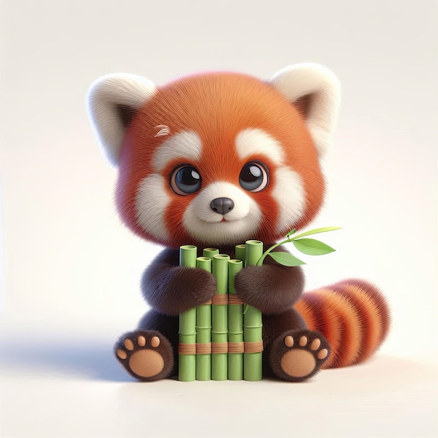 cute baby red panda holding bamboo cartoon3d