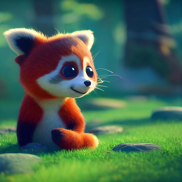 Cute baby red panda or lesser panda character 3D rendering cartoon illustration