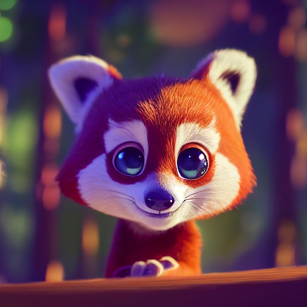 Cute baby red panda or lesser panda character 3D rendering cartoon illustration