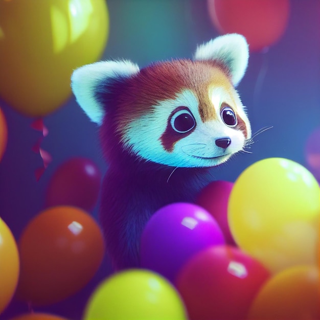 Cute baby red panda with balloons happy birthday greeting card 3D rendering cartoon illustration