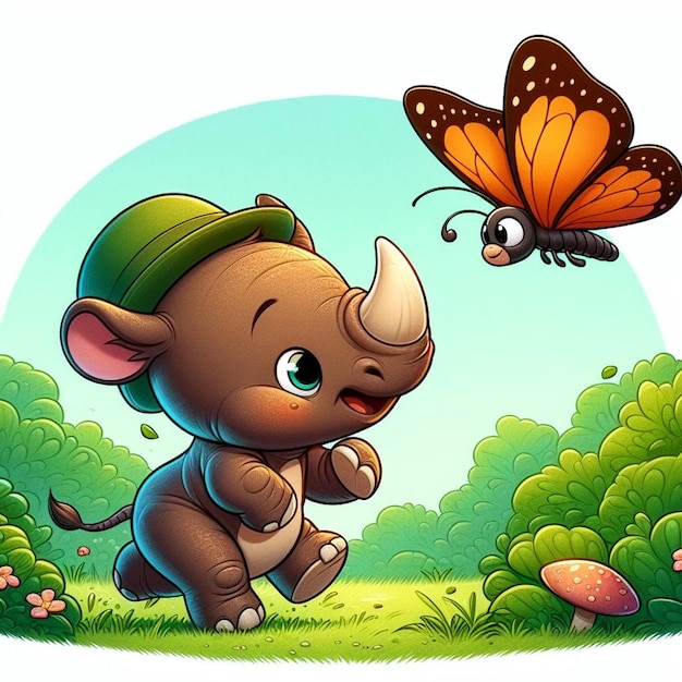 cute baby rhino plays with butterfly