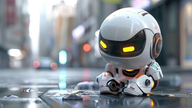 Cute baby robot sad is sitting on the street blur city background copy space AI generated image