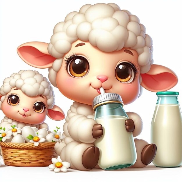 Cute baby sheep drinking milk cartoon 3d