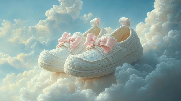 Photo cute baby shoes on clouds surreal fantasy scene generative ai