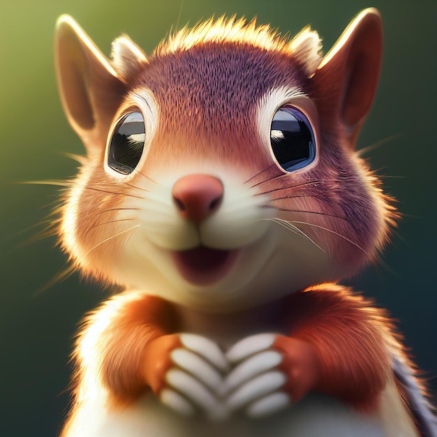 Cute baby squirrel closeup portrait 3d rendering character