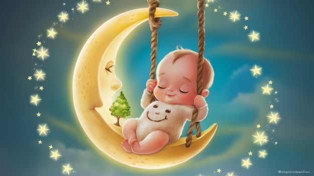 Cute baby swinging on the moon World Sleep Day Concept