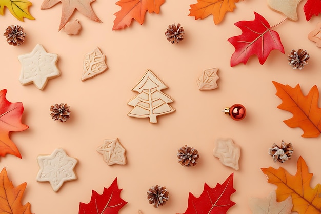 Cute background of leaves and christmas decoration