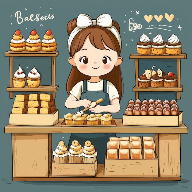 Cute Baker Girl Decorating Cupcakes in Bakery Shop