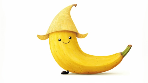 Cute banana Happy Fruit on white background with a smile in childrens illustration style