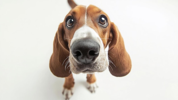 Cute basset hound looking up white background