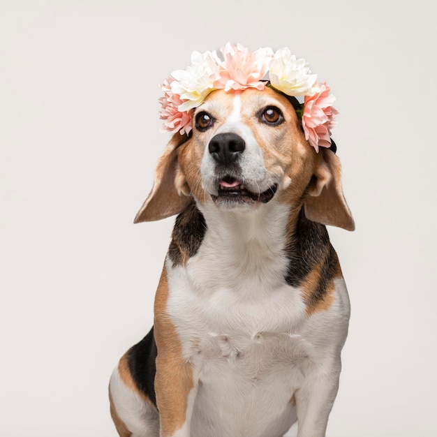 Cute beagle dog with a flower wreath on white background. Spring portrait of a dog.