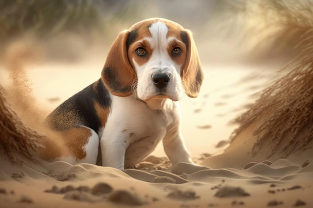 A cute beagle dog with white hair sat on the sand in the park after playing with other beagle dogs