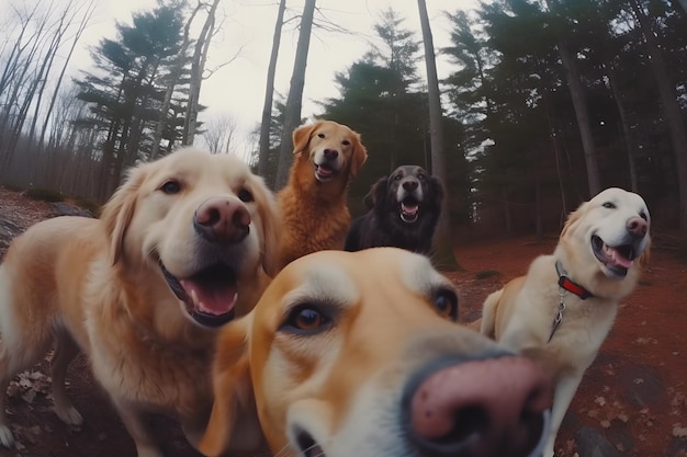 Cute beagle looking at the camera while taking a selfie with another beagle and a pug Neural network AI generated