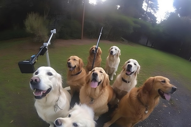 Cute beagle looking at the camera while taking a selfie with another beagle and a pug Neural network AI generated