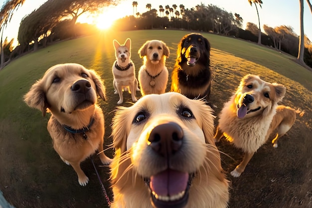 Cute beagle looking at the camera while taking a selfie with another beagle and a pug Neural network AI generated