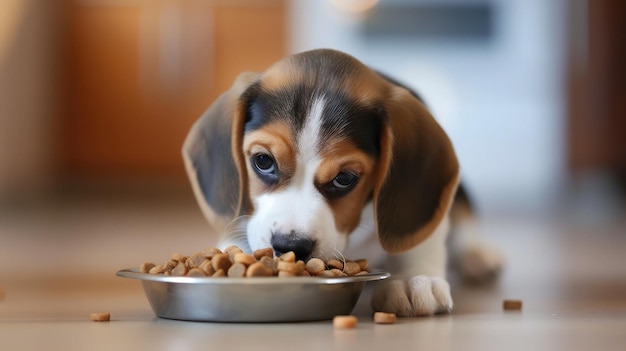 Cute Beagle puppy eating at home Adorable pet