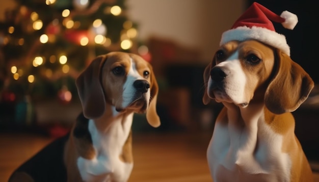 Cute beagle puppy sitting by Christmas tree generated by AI