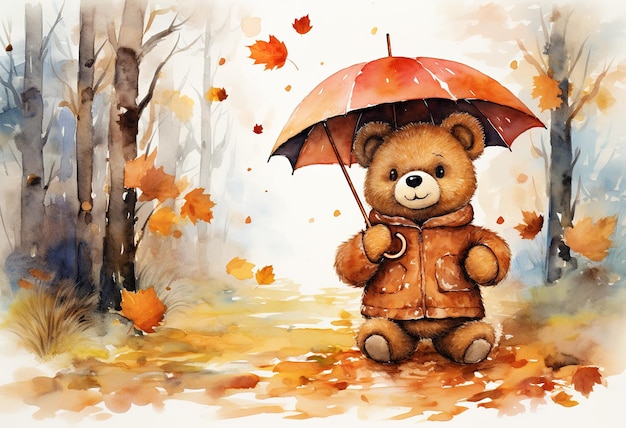 Cute bear brings umbrella at garden with autumn leaves painted in watercolor on a white