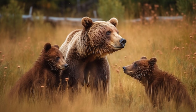 Photo cute bear cub walking in green meadow generated by ai