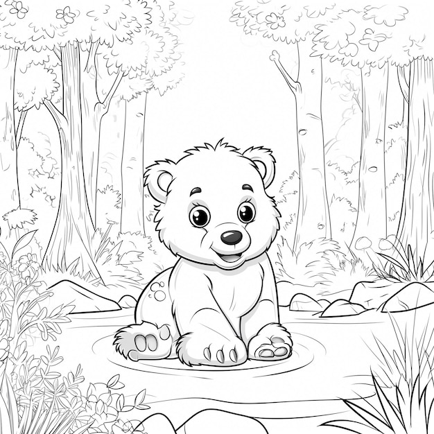 Cute bear in the forest coloring book page for kids and adults Cartoon teddy bear Generated AI