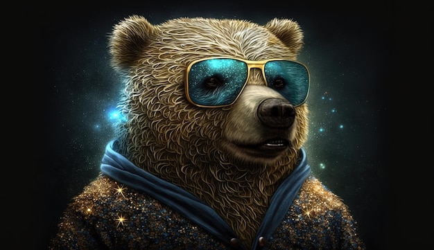 Cute bear in a gold jacket and gold glasses